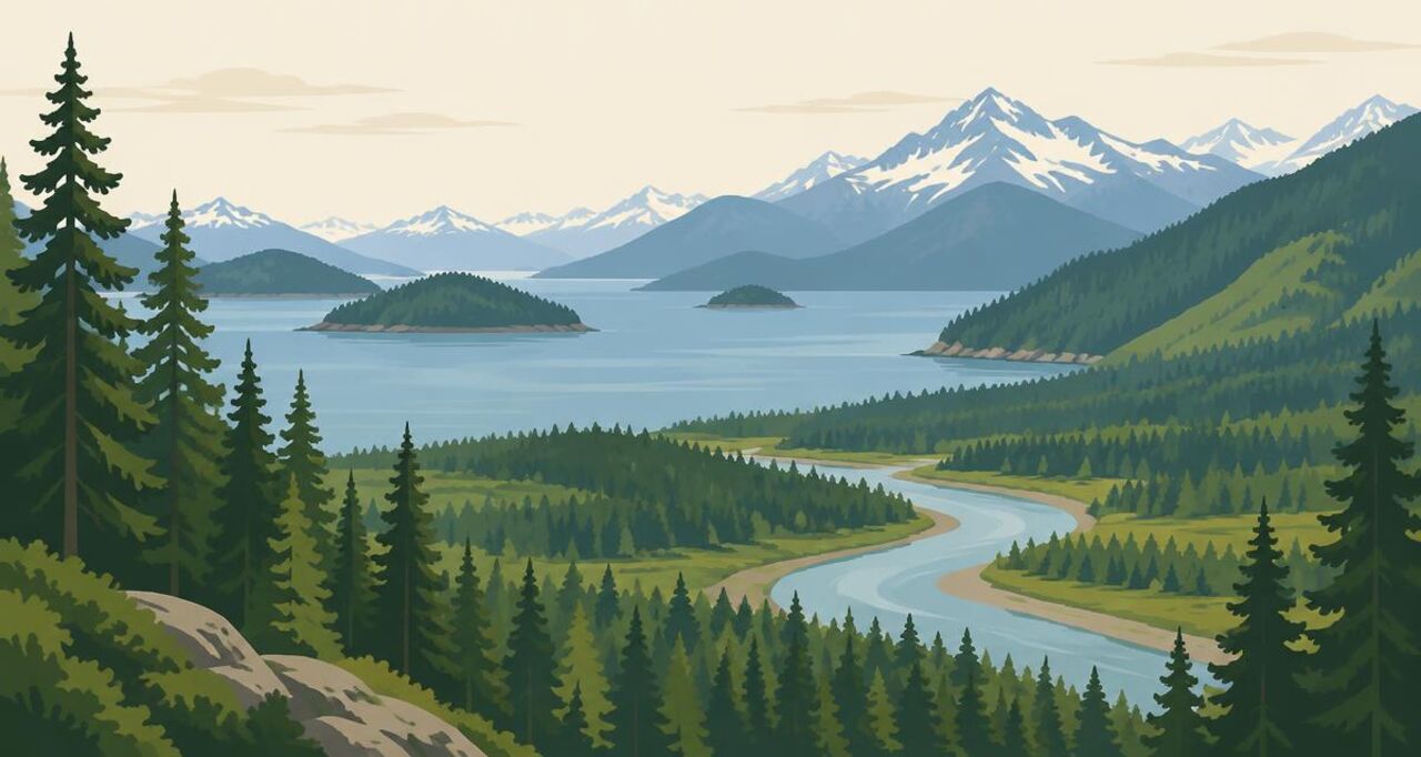 Illustration of BC forest, lake and mountains